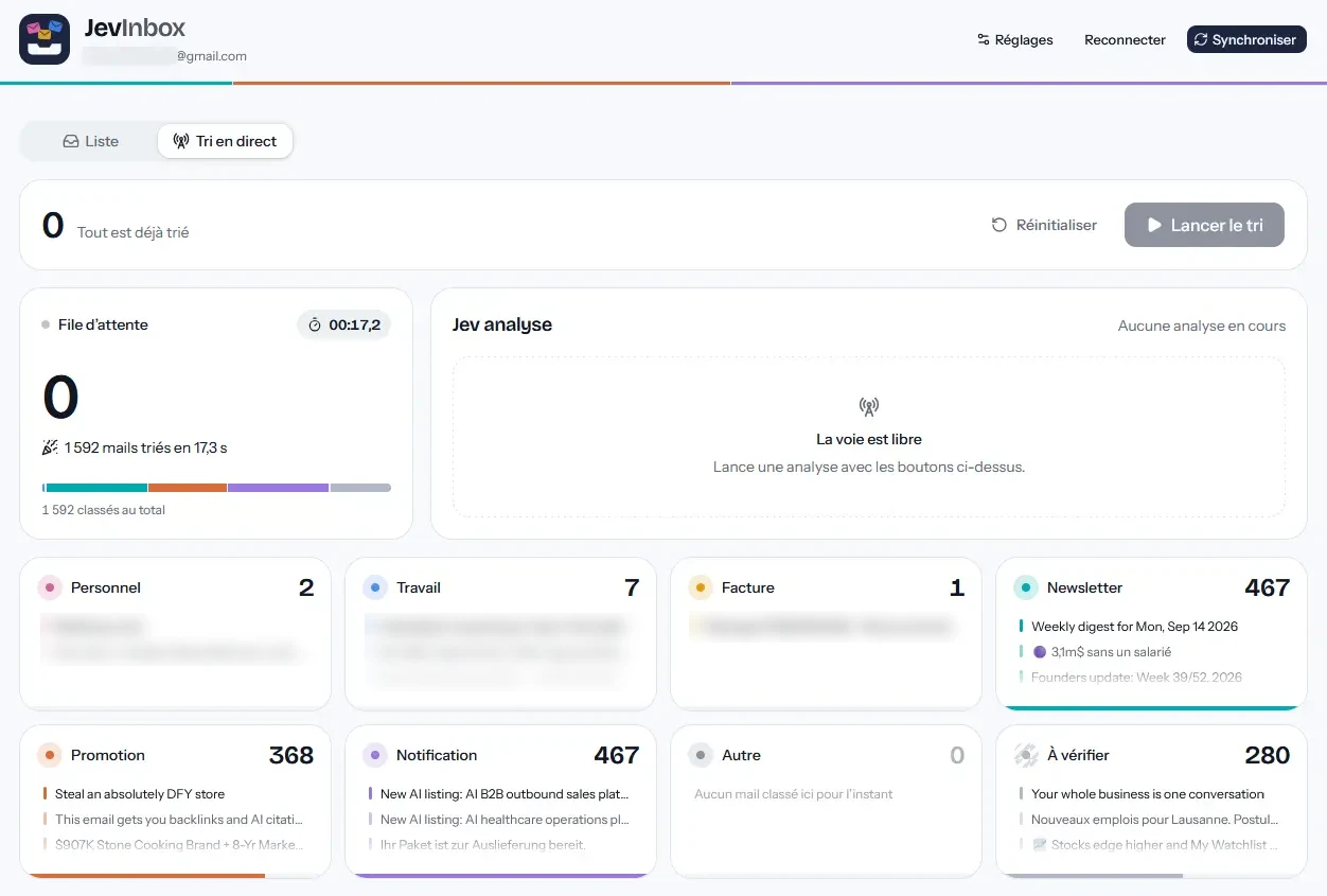 Résultat final du tri dans JevInbox : 467 newsletters, 467 notifications, 368 promotions, 280 mails à vérifier, 7 mails de travail, 2 mails personnels et 1 facture